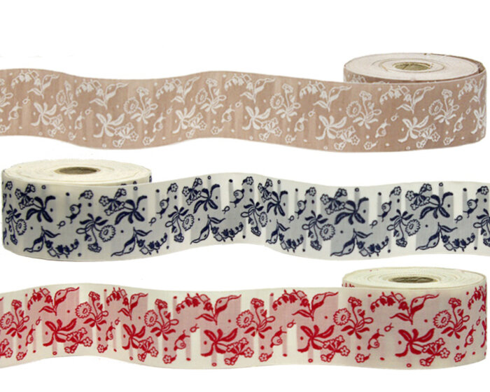 Jacquardband FRÜHLING, 4 cm breit, Kafka natur-weiß