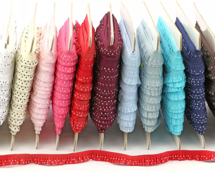 Elastisches Rüschenband PÜNKTCHEN, 10 mm türkis-weiß