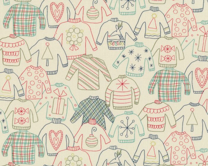 Patchworkstoff EAT, DRINK & BE UGLY, Weihnachtspullover, creme-rot, Moda Fabrics
