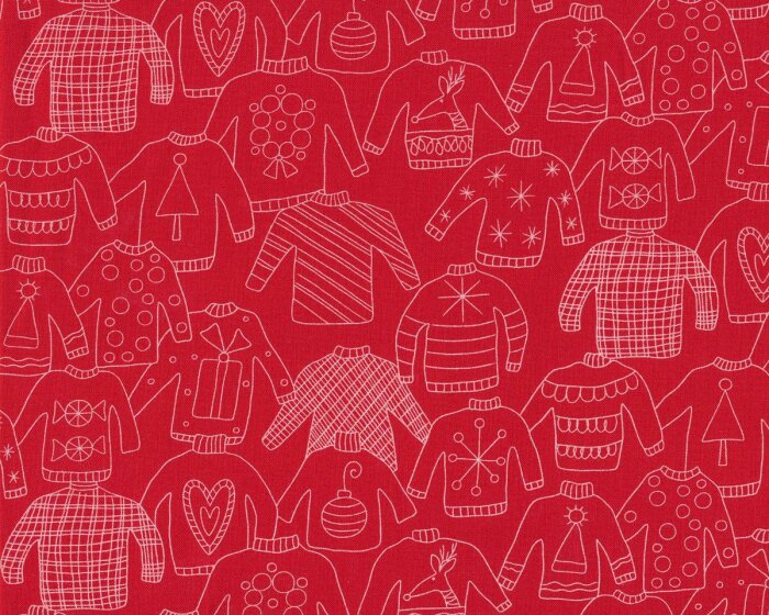 Patchworkstoff EAT, DRINK & BE UGLY, Weihnachtspullover, rot-gebrochenes weiß, Moda Fabrics