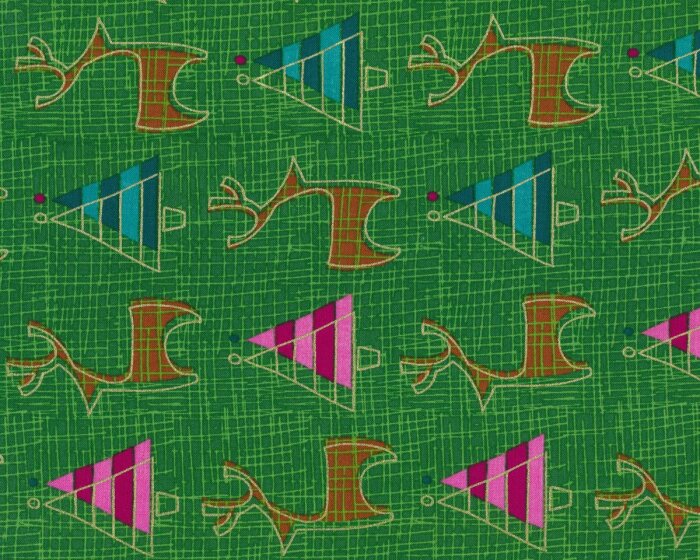 Metallic-Patchworkstoff MERRY LITTLE CHRISTMAS, Rentiere und Tannen, moosgrün-gold metallic