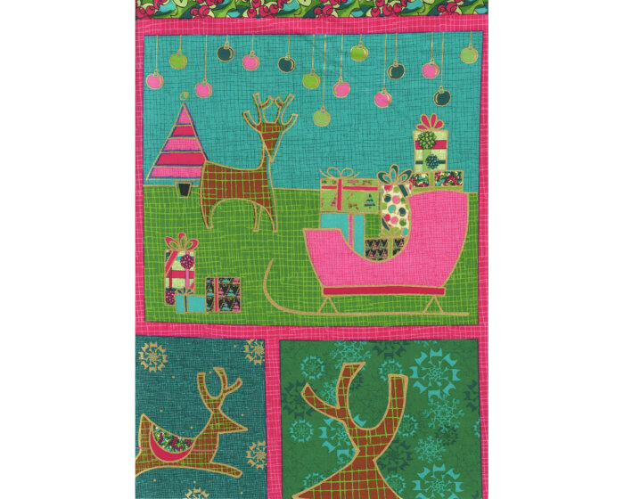 60-cm-Rapport Metallic-Patchworkstoff MERRY LITTLE CHRISTMAS, Weihnachtsbilder, grasgrün-fuchsia