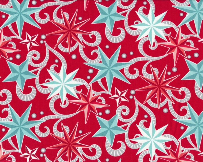 Patchworkstoff NORDIC HOLIDAY, dreidimensionale Sterne, rot-stumpfes türkis