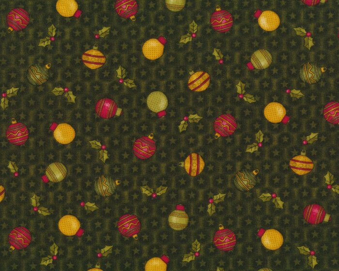Patchworkstoff A MOOSE FOR CHRISTMAS, Weihnachtskugeln, olivgrün-rot