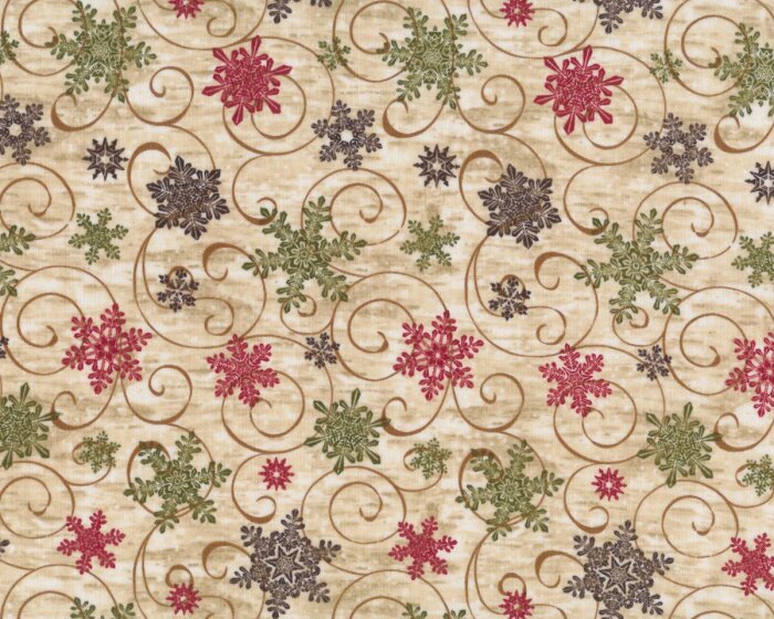 Patchworkstoff LIVING LODGE, Schneeflocken, beige-dunkelrot