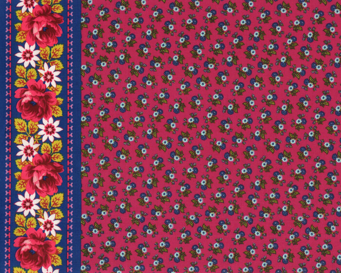 Patchworkstoff NEPTUNE & THE MERMAID, kleine Röschen mit Bordüre, fuchsia-ultramarinblau