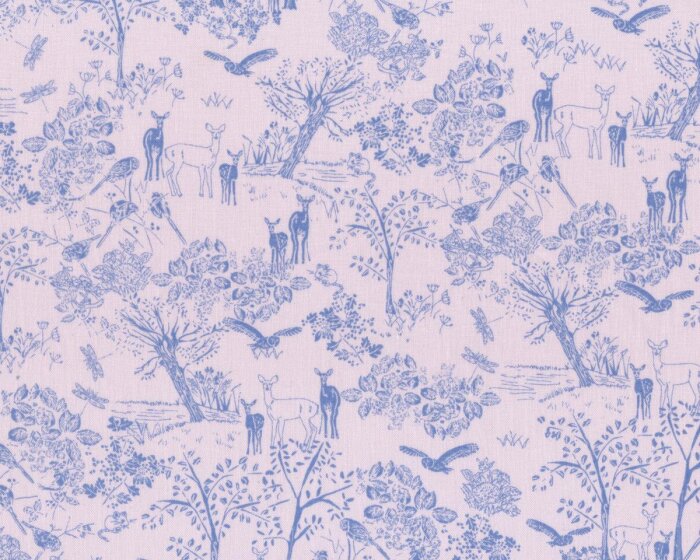 B-Ware Bio-Patchworkstoff DEER IN THE FORREST, Landschaft mit Rehen, hellrosa-taubenblau, Jane Makower