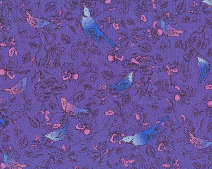 B-Ware Bio-Patchworkstoff BIRD & FLOWER, Vögel auf Rosenzweigen, lila-aquablau, Jane Makower