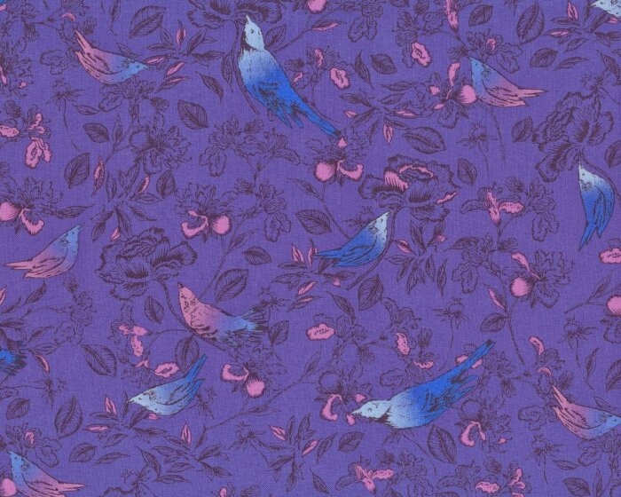 Bio-Patchworkstoff BIRD & FLOWER, Vögel auf Rosenzweigen, lila-aquablau