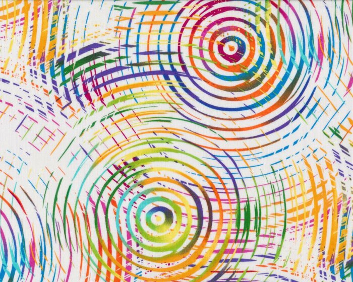 Patchworkstoff BLACK, WHITE & BRIGHT, Spiral-Kreise, weiß-helles orange