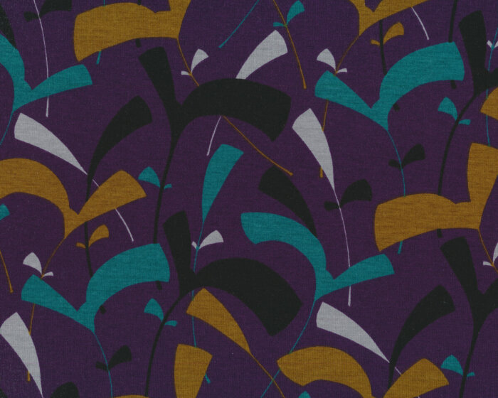 Designer-Jersey aus Italien MARMARA, Comic-Blätter, dunkellila-jadegrün
