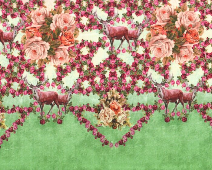 75-cm-Rapport Baumwollstoff FILZMOOS, Rosen und Hirsche, grasgrün-altrosa