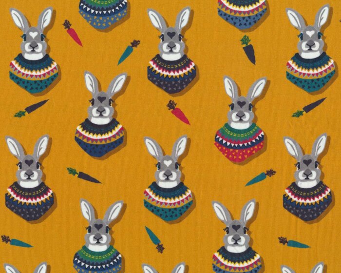 Baumwolljersey AUTUMN BUNNY, Hasen mit Pullover, goldbraun-grau