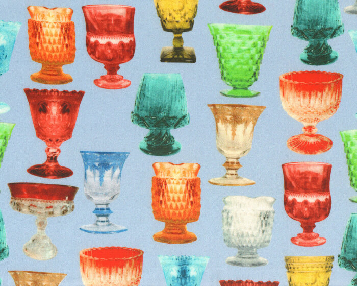 Designer Viskose-Crepe CRISTALLO, Gläser, helles taubenblau-orange