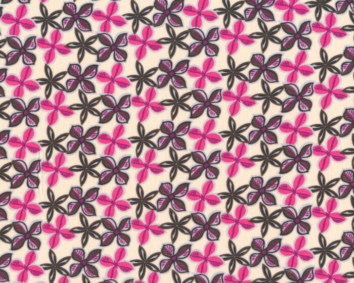 Designer-Viskosestoff aus Italien MARIBEL, Blütenreihen, pink-dunkelbraun