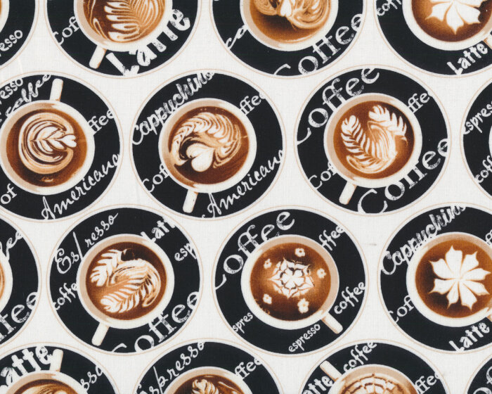 Patchworkstoff EXPRESSO YOURSELF, Latte-Art-Kreise, schwarz-weiß-braun