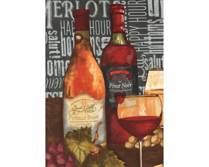 60-cm-Panel Patchworkstoff VINTAGE, Weinflaschen und Etiketten, anthrazit-weinrot
