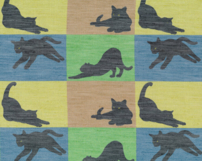 Designer Leinenstoff mit Seide BRICK, Katzen, limette-schwarz