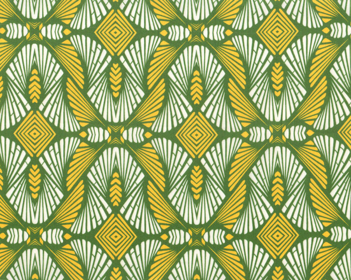 Designer Baumwoll-Popeline GODELA, Fächermuster, moosgrün-gelb