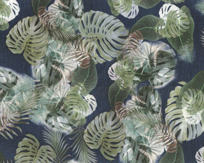 Baumwollstoff mit Stretch ROWINA, Jeans-Monstera, dunkles jeansblau-moosgrün