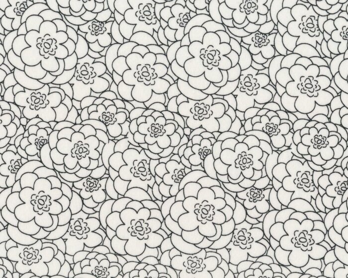 Baumwolljersey HERE COMES THE FUN, Blüten, wollweiß-schwarz