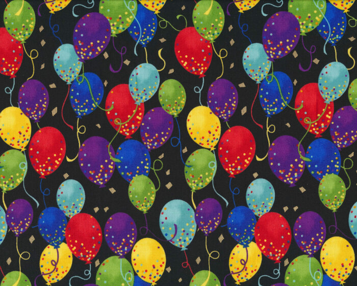Metallic-Patchworkstoff ITS MY PARTY, Luftballons, schwarz-hellgrün