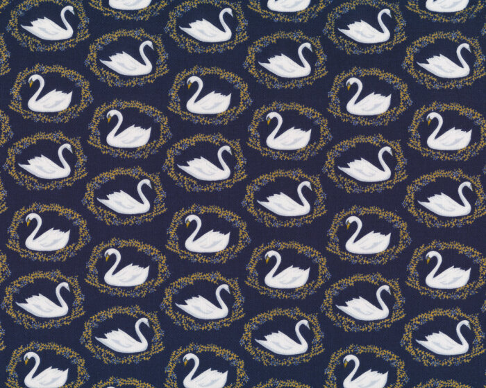 Patchworkstoff BLACK SWAN, Schwan-Medaillons, dunkelblau-weiß
