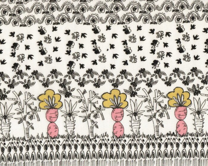 60-cm-Rapport Baumwoll-Batist MONIKA, Comic-Garten, rosa-schwarz