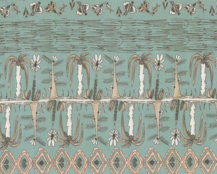 60-cm-Rapport Baumwoll-Batist FINOLA, Comic-Strand, türkisgrau-natur