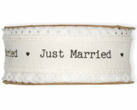 5 m Leinen-Baumwollband JUST MARRIED mit Spitzenabschluss, 40 mm, wollweiß
