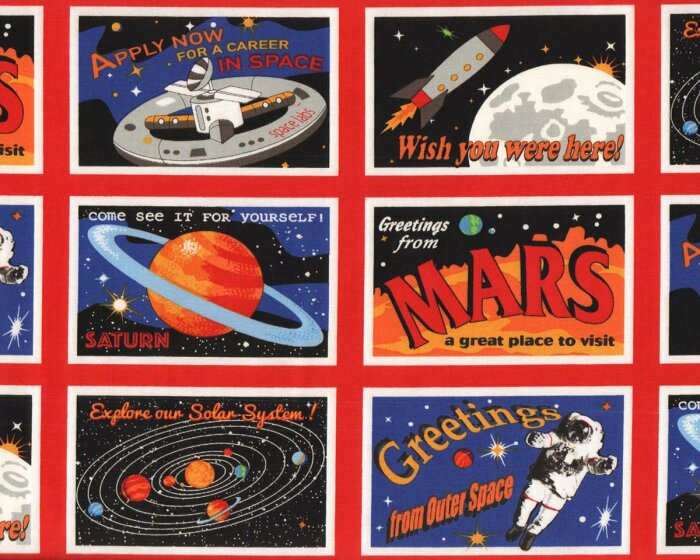 30-cm-Rapport Patchworkstoff SPACEWALK, Weltall-Postkarten, schwarz-rot