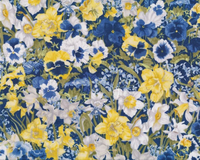 Patchworkstoff WALKING ON SUNSHINE, Frühblüher, dunkelblau-pastellgelb