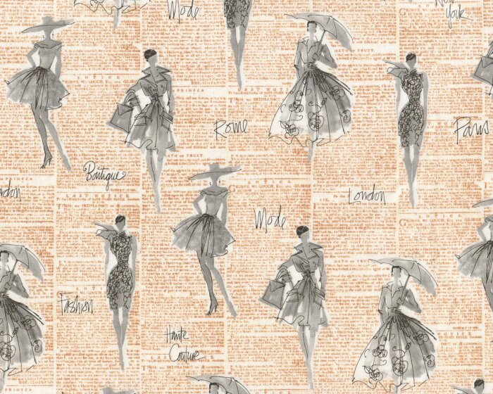 Patchworkstoff CITY CHIC, Modezeichnungen, weiß-goldbraun