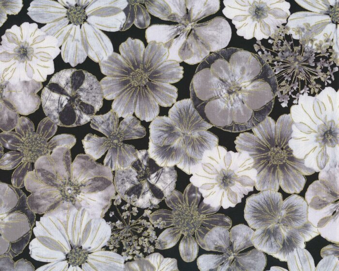Patchworkstoff FLORAL IMPRESSIONS, Sommerblumen, schwarz