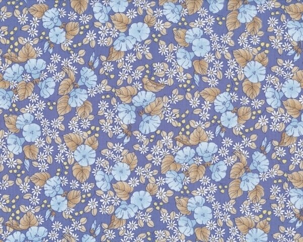 Patchworkstoff "Perch" mit romantischen Trichterblüten, mittelblau-hellblau