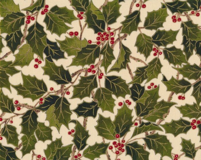 Patchworkstoff MAGNOLIA METALLICS, Ilex-Blätter, hellbeige, Moda Fabrics