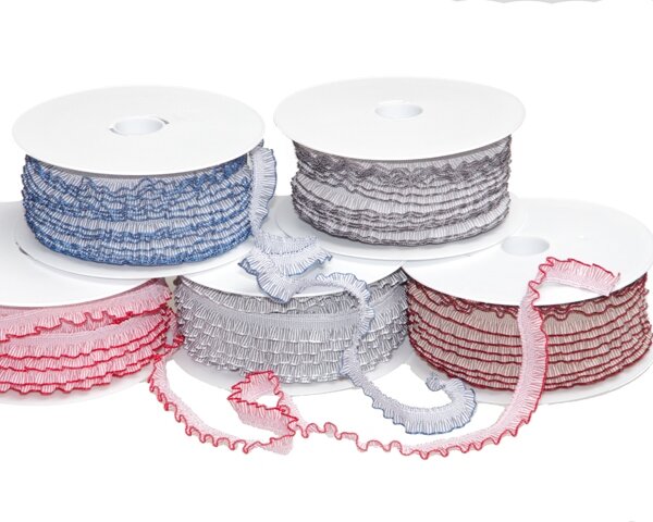 Elastisches Rüschenband VICHYSTREIFEN, 13 mm taubenblau-weiß