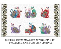 60-cm-Rapport Patchworkstoff CAT-I-TUDE, Katzen mit Bordüre, weiß-gold
