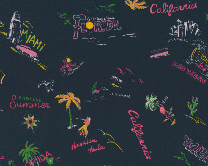 Designer-Viskosesatin CALIFORNIA, Palmen, nachtblau