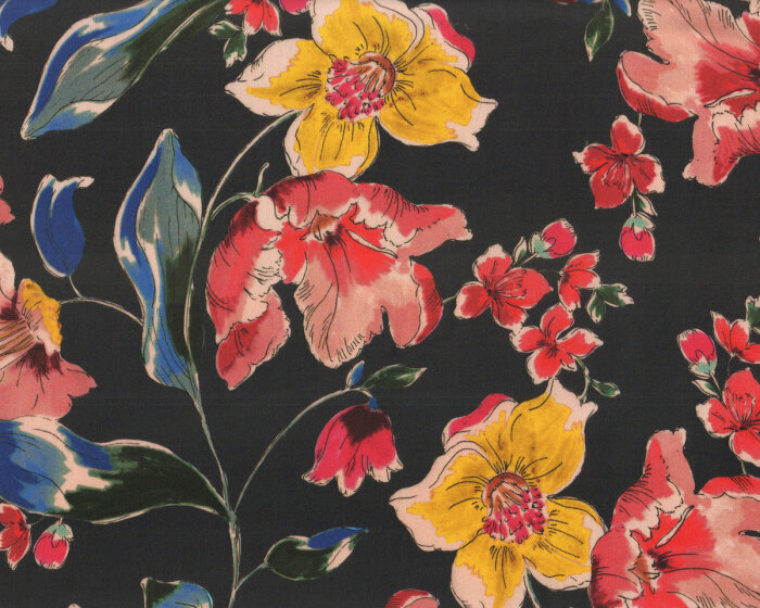 Designer-Viskosestoff MAXIM, Blumen, nachtblau