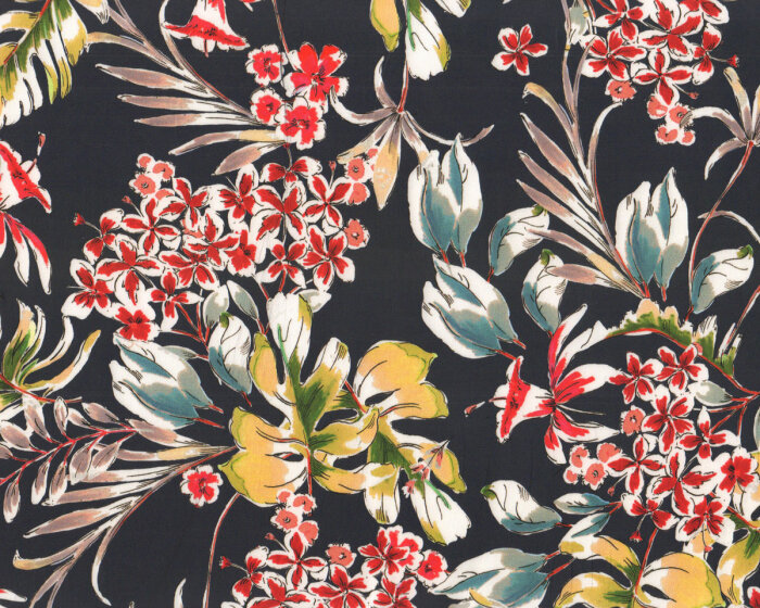 Designer-Baumwoll-Stretch MARIANA, Blüten und Blätter, rot-gelb