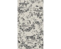 55 cm Reststück Leinen-Dekostoff SANAYA, Pferde, Hirsche und Rosen, anthrazit-natur dunkel