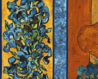 60-cm-Rapport Reststück Patchworkstoff VINCENT VAN GOGH, Still-Leben Vase mit Iris, goldgelb-blau