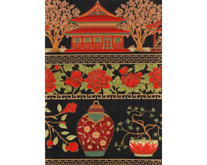 Metallic-Patchworkstoff SUMMER PALACE, Kaiserpalast-Bordüre, schwarz, Leesa Chandler