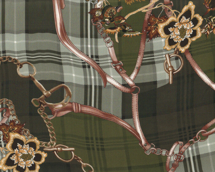 Viskosestoff mit Glencheck ZAUMZEUG, Ornamentblüten, olivgrün, Toptex