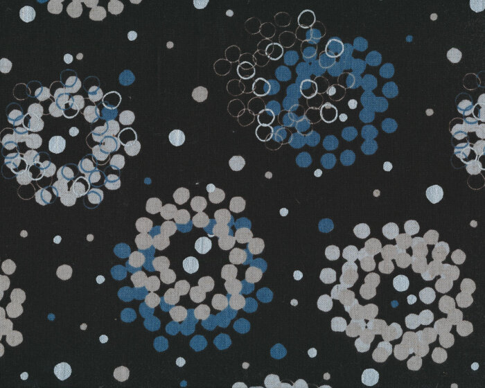 Patchworkstoff mit Leinen, Canvas LECRE, Tupfenkränze, schwarz-blau