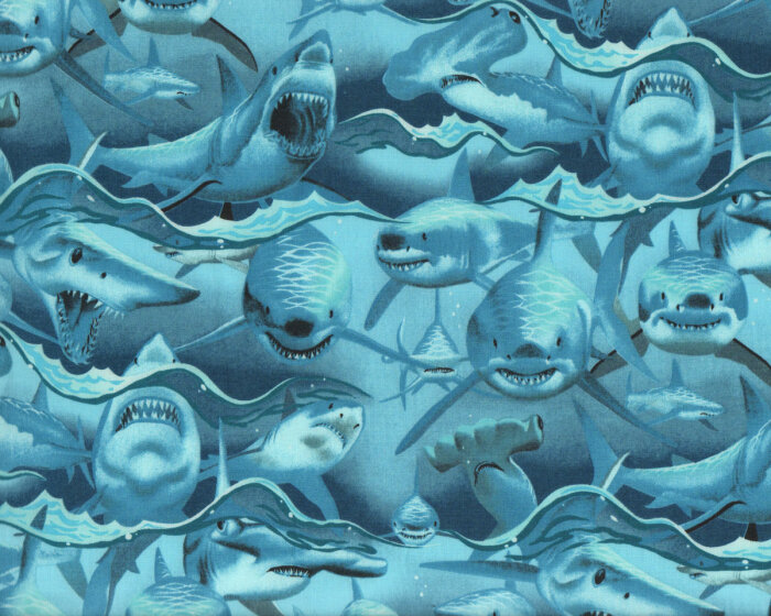 Patchworkstoff DANGEROUS WATERS, Haie, blau, Alexander Henry