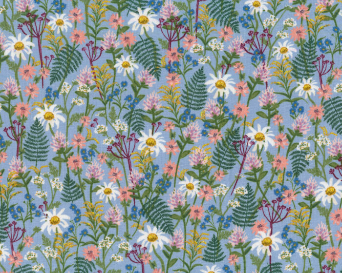 Patchworkstoff WILDWOOD, Blumenwiese, taubenblau, Cotton + Steel