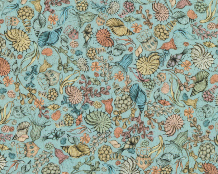 Patchworkstoff MIDNIGHT GARDEN, Muscheln, helles türkis, Santoro London