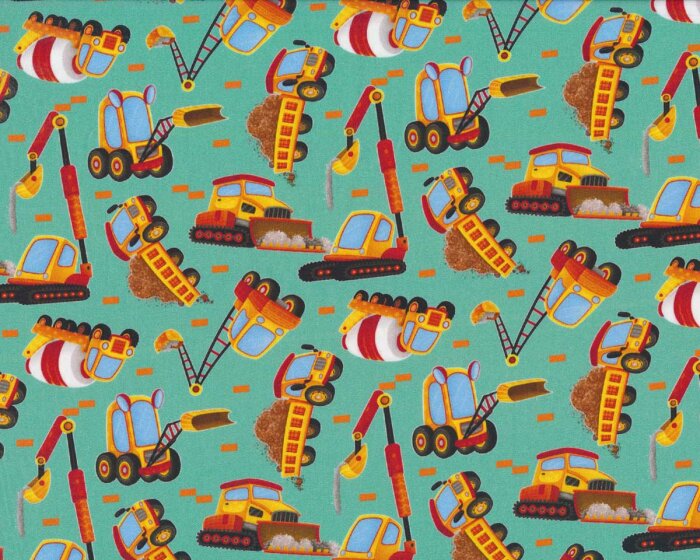 Baumwollstoff KIM BAGGER, Baufahrzeuge, mintgrün